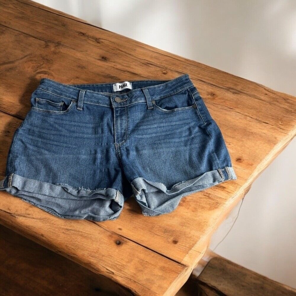 Paige Jimmy‎ Jimmy Denim Shorts Cuffed Raw Hem Medium Wash Size 28